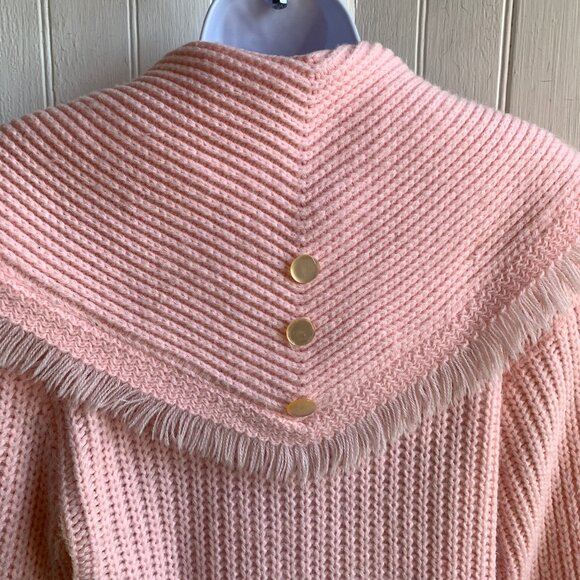 Vintage Pink Chunky Knit Ribbed Sailor Fringed Collar Cardigan Pearl Buttons - M - Picture 9 of 15
